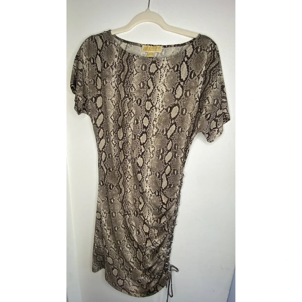 Michael Kors Snakeskin Ruched Side Grommet Dress Tan Brown‎ Short Sleeve Medium